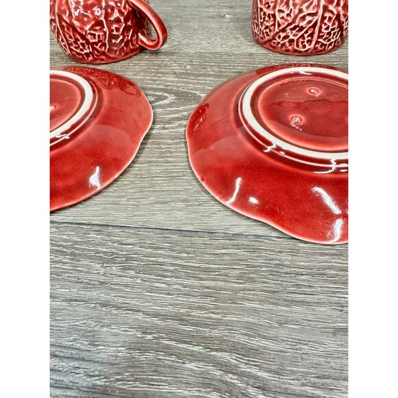 1950s Secla Majolica Portugal Secla Deep Red Cabbage Leaf Cup & Saucer Set Of 2 - Picture 10 of 11